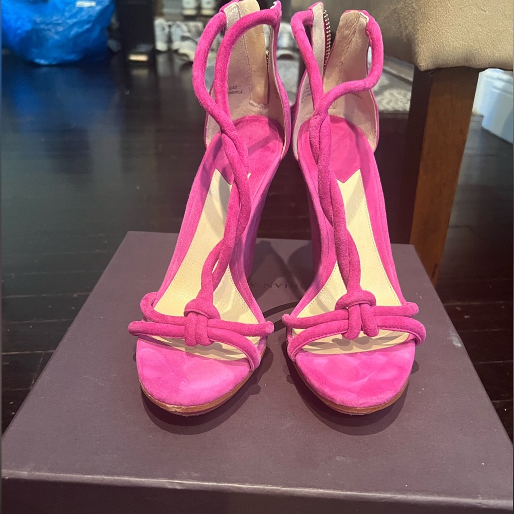 Brian Atwood pink suede wedge size 9